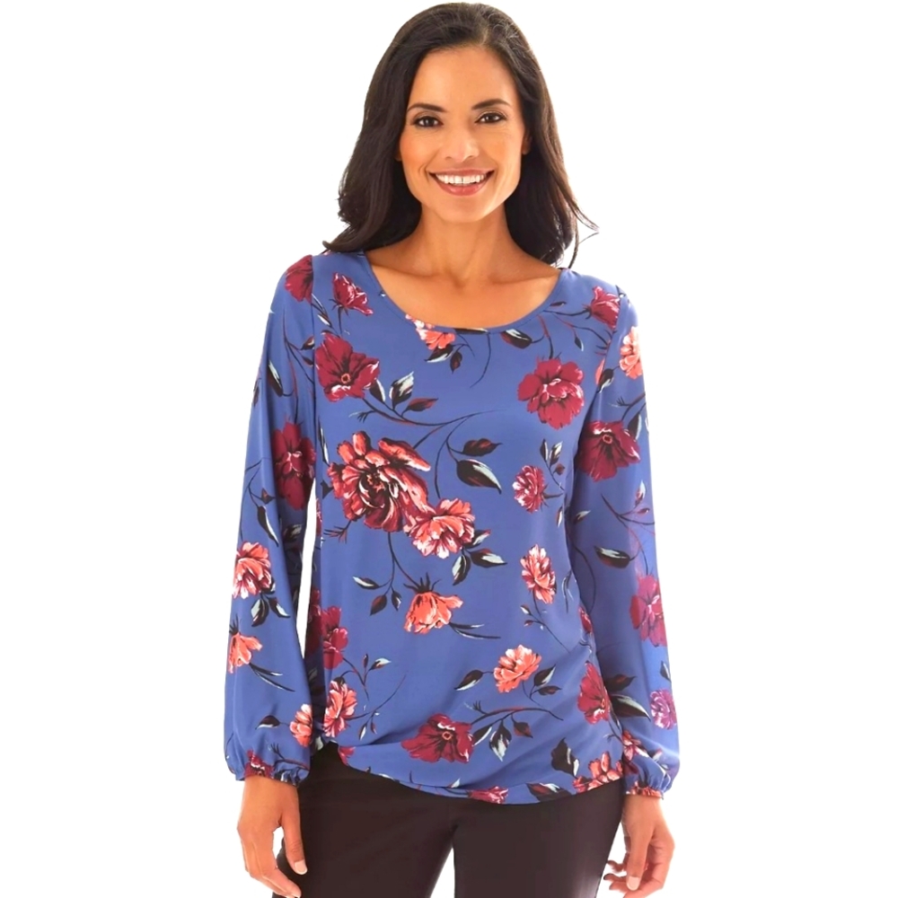 Apt. 9 Blue Slate Floral Printed Knot-Hem Top, Balloon Sleeves, M, EUC